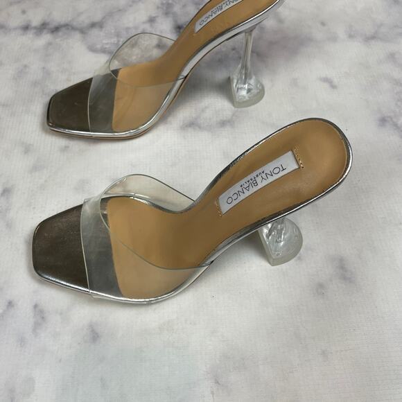 Tony Bianco Serri Clear Vinyl + Metallic Silver Hourglass Heel Mule Sandals Sz 7 - Picture 6 of 12